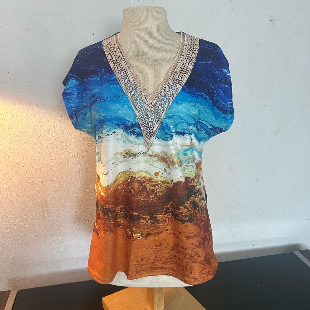 Elegant Blue and Brown V-Neck Women's Blouse